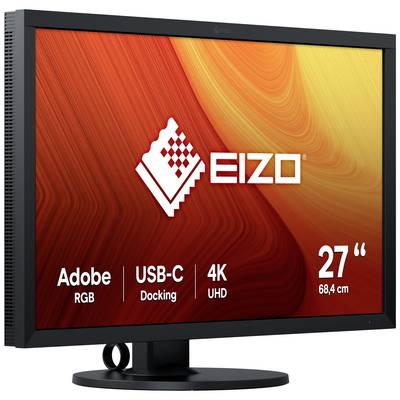 Ein schwarzer Monitor mit dem Logo 'EIZO' auf einem orange-roten Hintergrund. Text zeigt 'Adobe RGB', 'USB-C Docking', '4K UHD', '27 Zoll'.