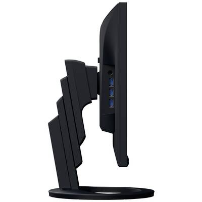 Ein schwarzer Computermonitor von der Seite, mit sichtbaren Einstellfunktionen und drei blauen USB-Ports an der Seite des Bildschirms.