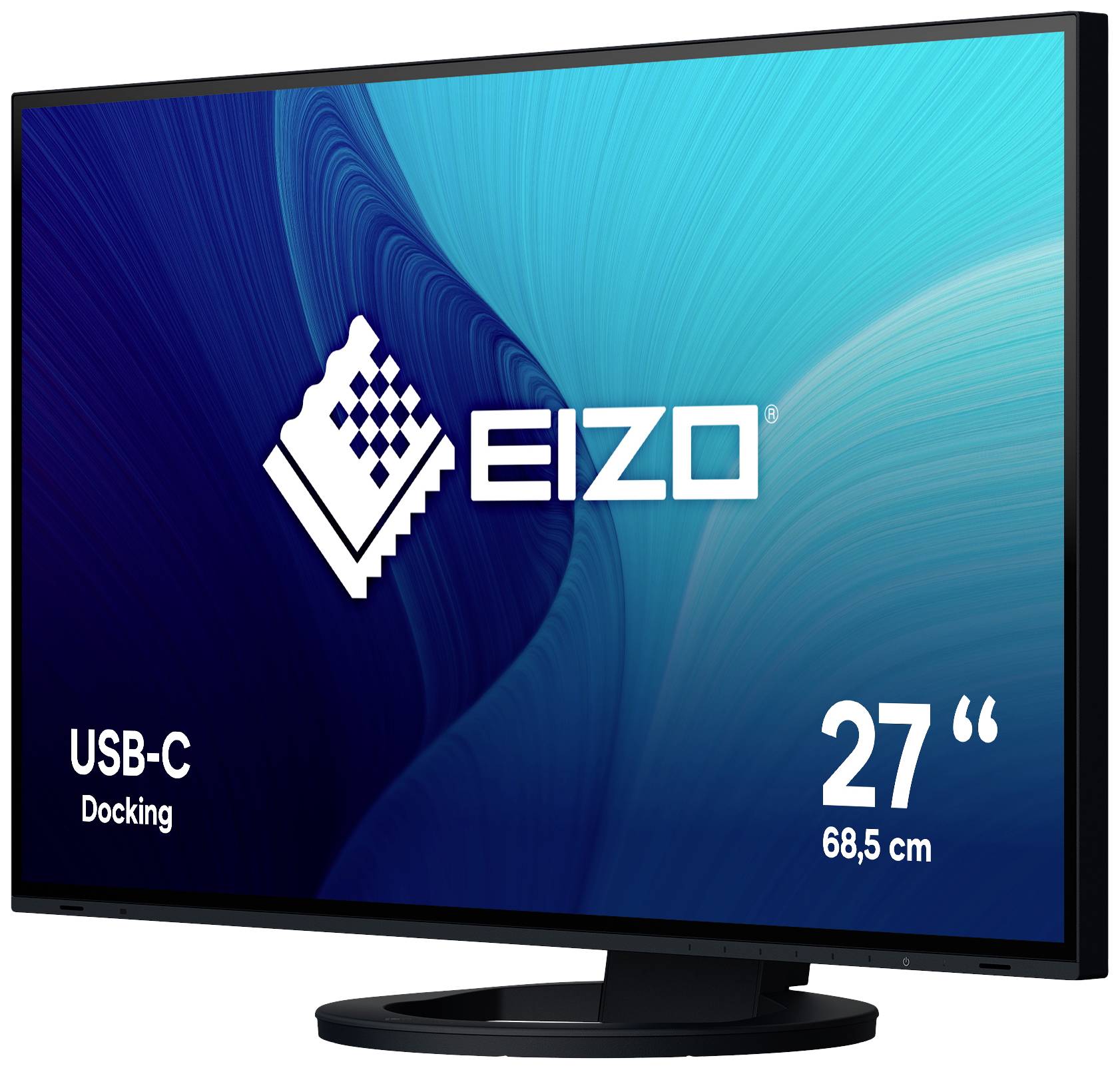 Schwarzer Eizo-Monitor mit USB-C-Anschluss. Bildschirm zeigt Logo 'EIZO'. Bildschirmgröße: 27 Zoll (68,5 cm).