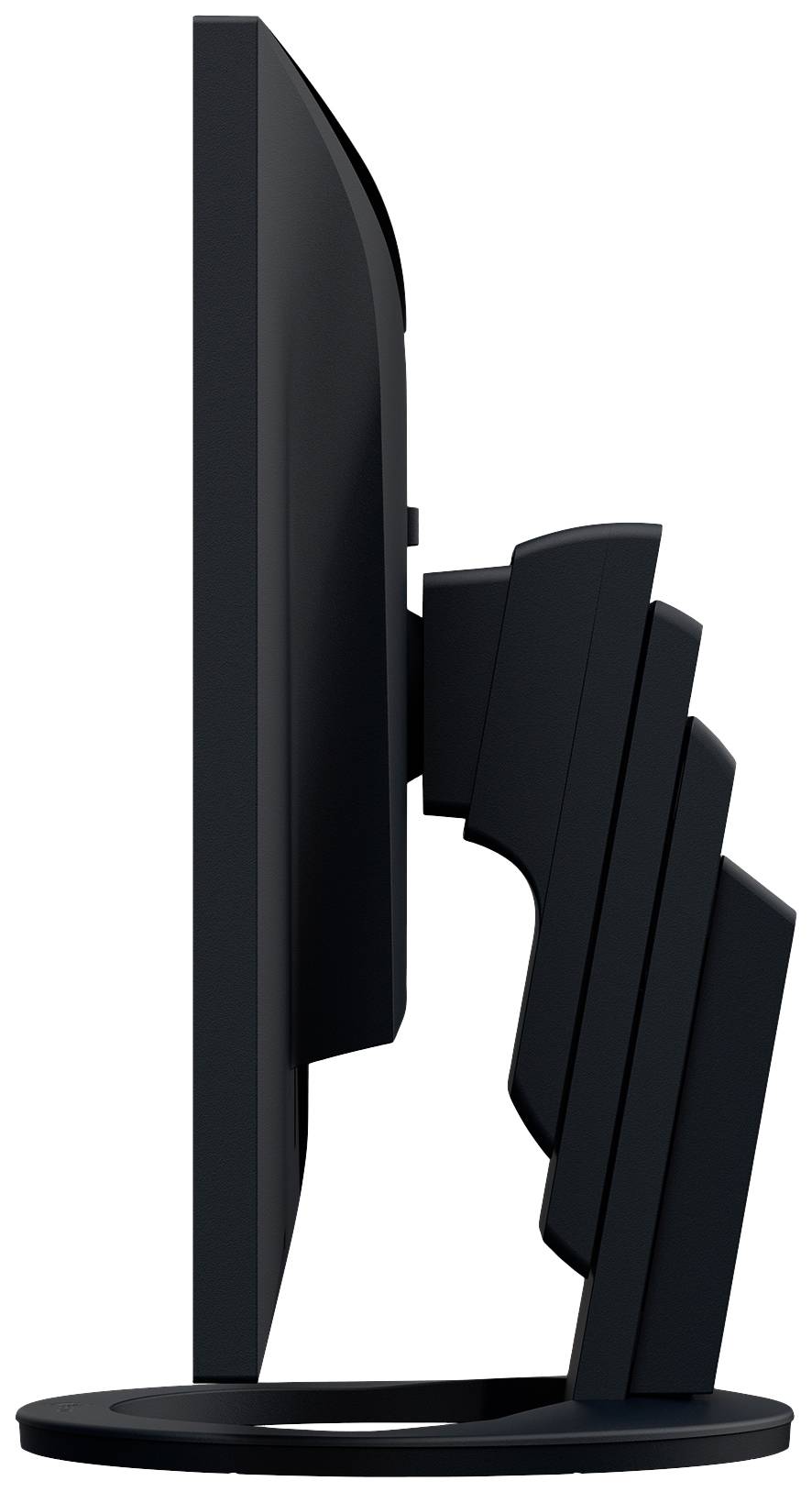 Ein seitlich abgebildeter Computermonitor zeigt seine Neigungswinkel. Der Bildschirm ist schwarz und steht auf einem runden Ständer.