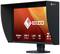 Ein Computermonitor mit einem leuchtend orangefarbenen Bildschirm, auf dem 'EIZO' und technische Spezifikationen wie 27 Zoll, 4K UHD angezeigt werden.