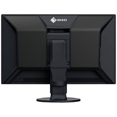 Schwarzer Computer-Monitor von hinten mit Standfuß, Marke Eizo oben sichtbar.