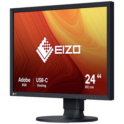 Ein Monitor von Eizo mit 24 Zoll (61,1 cm) Bildschirmdiagonale, Adobe RGB und USB-C Docking. Hintergrund in warmen Farben.