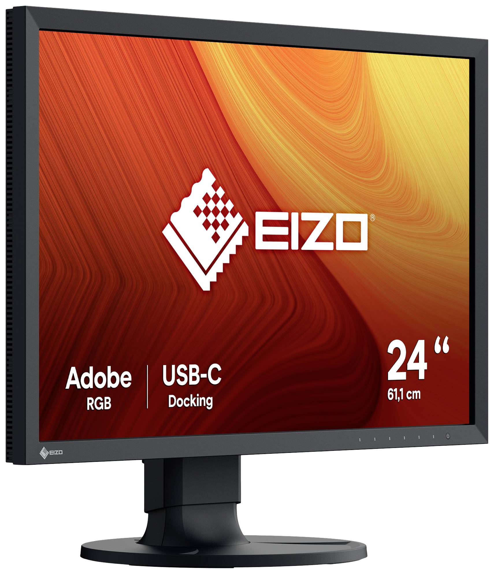 Ein Monitor von EIZO mit 24 Zoll Bildschirmdiagonale. Auf dem Bildschirm sind 'Adobe RGB' und 'USB-C Docking' abgebildet.