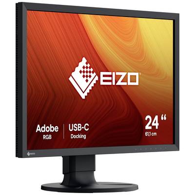 Ein Monitor von EIZO mit 24 Zoll Bildschirmdiagonale. Auf dem Bildschirm sind 'Adobe RGB' und 'USB-C Docking' abgebildet.