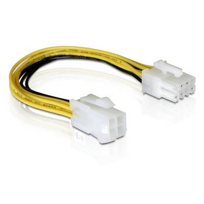 Ein gelbes und schwarzes Kabel mit zwei weißen Steckern, oft verwendet für Verbindungen in der Computer-Hardware.
