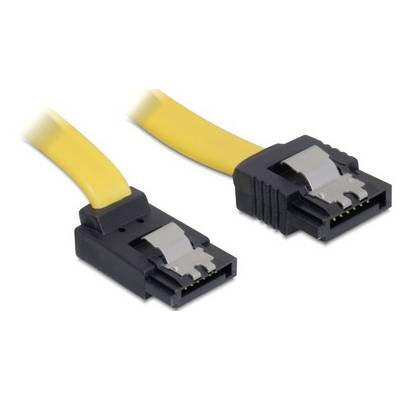 Zwei gelbe SATA-Kabel mit schwarzen Steckern und silbernen Metallklemmen. Sie sind für den Anschluss interner Computerlaufwerke geeignet.
