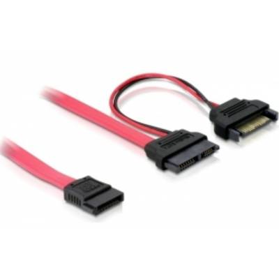 Drei rote SATA-Kabel zum Verbinden von internen Festplatten mit Mainboards. Eines hat einen rechten Winkel am Stecker.