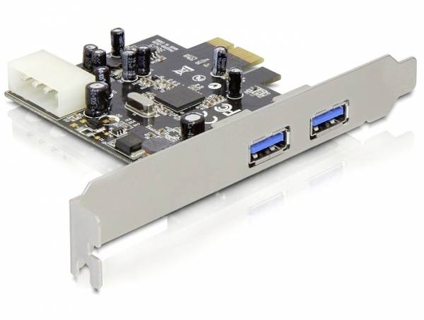 Erweiterungskarte mit zwei USB-3.0-Anschlüssen, die in einen Computer eingebaut werden kann. Sie hat mehrere Kondensatoren und einen Stromanschluss.