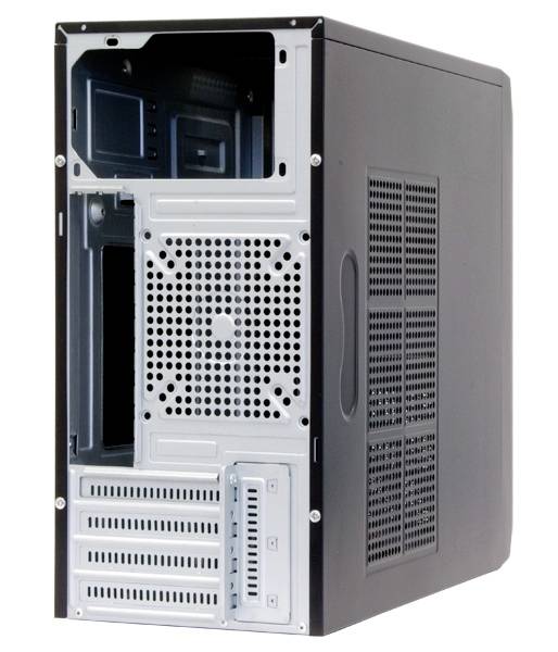 Computer-Gehäuse in Rückansicht mit offenen Slots für Erweiterungskarten und Lüfteröffnung; geeignet für Desktop-PC-Komponenten.