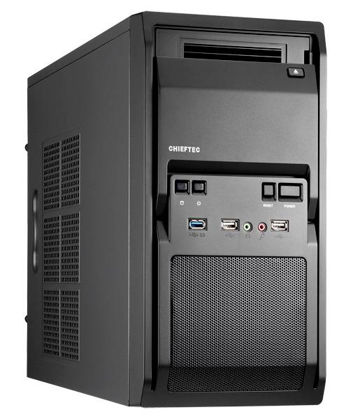 Ein schwarzes Computergehäuse mit USB-Anschlüssen und Audiobuchsen auf der Vorderseite.