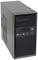 Schwarzer Computer-Tower mit optischem Laufwerk, USB-Anschlüssen und Lüftungsschlitzen auf der linken Seite.