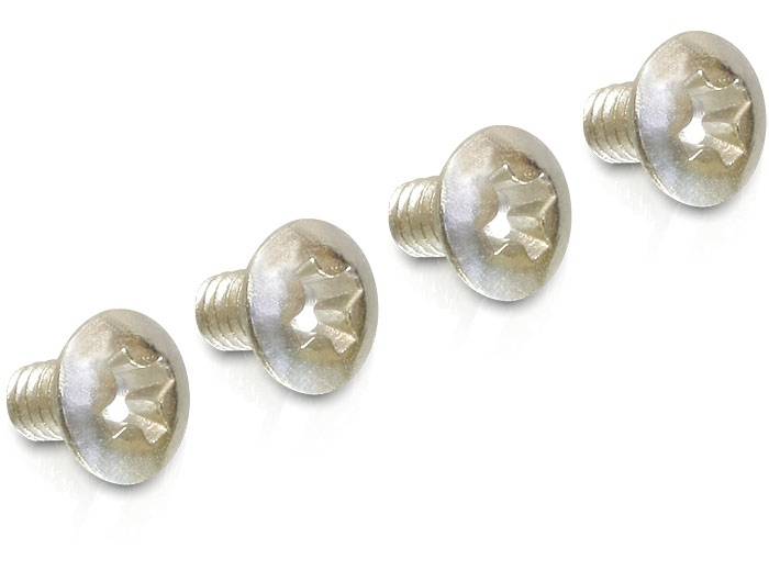 Vier silberne Metallschrauben, flach auf weißem Hintergrund liegend, zeigen die sternförmige Vertiefung der Köpfe.