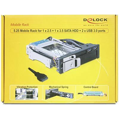 Gelbe Verpackung für ein Delock Mobile Rack mit 5,25 Zoll, geeignet für 1x 2,5" + 1x 3,5" SATA HDD und 2x USB 3.0-Anschlüsse.
