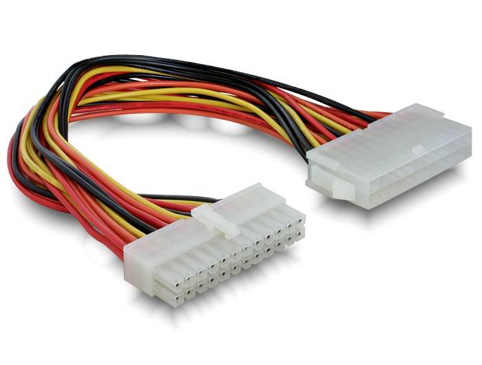 Weiße elektrische Stecker mit mehreren bunten Kabeln, die für Computer-Netzteile verwendet werden.