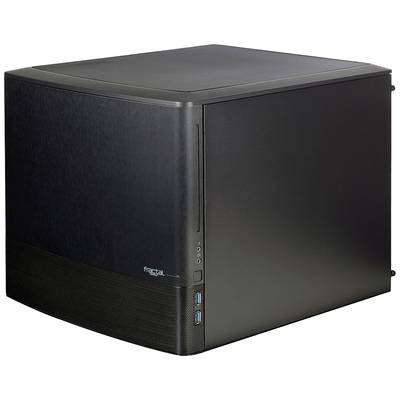 Schwarz glänzendes Computergehäuse mit USB-Anschlüssen vorne. Ventilationsöffnungen an der Seite, geeignet für kompakte PC-Systeme.