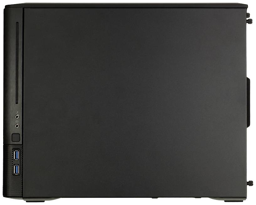 Ein schwarzes Computergehäuse von der Seite gezeigt, mit sichtbaren USB-Anschlüssen und Audiobuchsen vorne links.