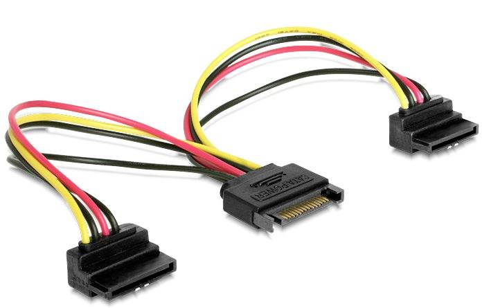 Stromkabel-Splitter mit zwei SATA-Anschlüssen, schwarz mit roten, gelben und schwarzen Drähten, für den Anschluss von Festplatten.