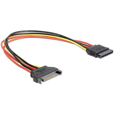 Ein SATA-Kabel mit Strom- und Datenanschluss; schwarz, rot und gelb gefärbt. Verbindet interne Festplatten mit dem Computer.