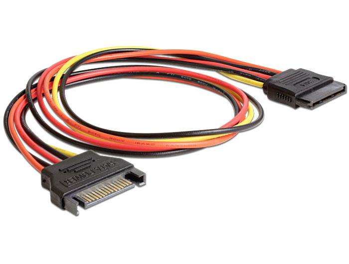 SATA-Stromkabel mit schwarzem, rotem und gelbem Kabel zur Verbindung zwischen Computer-Komponenten.