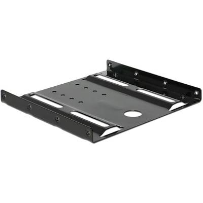 Schwarze Metallhalterung für die Montage von 2,5-Zoll-Festplatten in 3,5-Zoll-Schächten, mit mehreren Befestigungslöchern.
