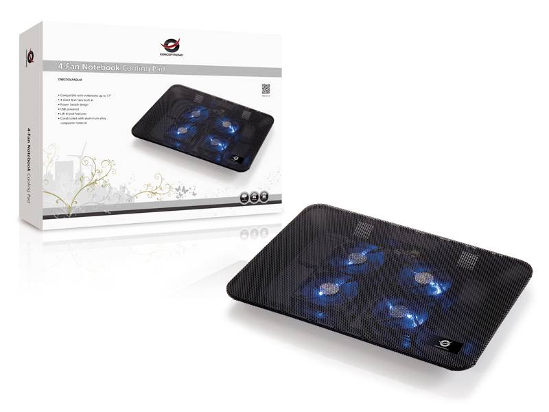 Schwarzes Kühler-Pad mit vier blauen Lüftern, abgebildet neben seiner Verpackung. Verpackung zeigt Markenname und Produktbild.