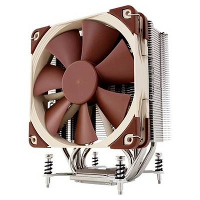 Ein computer Lüfter mit braunen Rotorblättern und Metallkühlkörper zur Kühlung von Computerprozessoren.