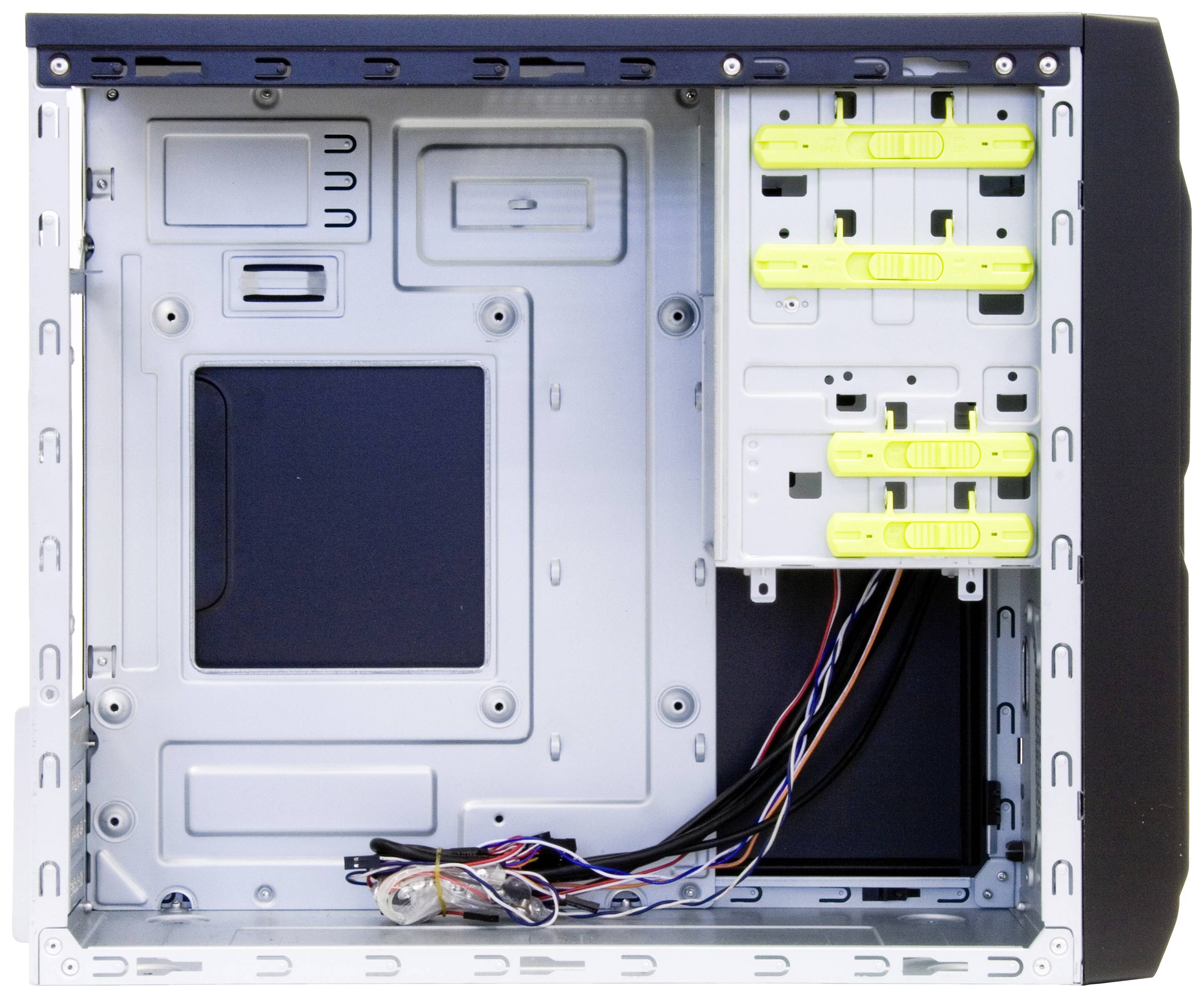 Ein leerer Computergehäuse-Innenraum mit offenen Laufwerksschächten und Verkabelung am Boden, zur Aufnahme von Computerkomponenten.