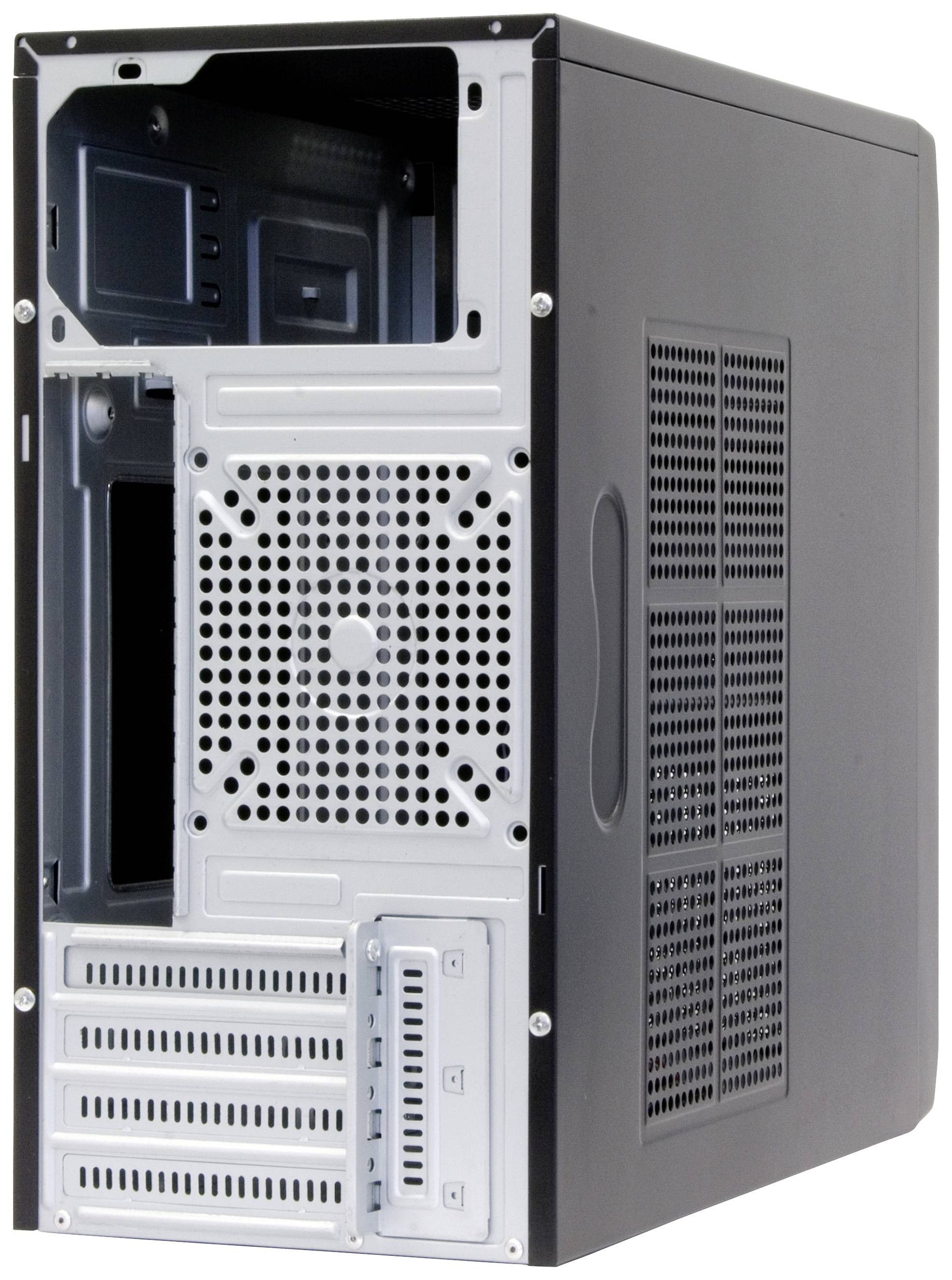 Gehäuse eines Computer-Tower-PCs von hinten, zeigt Steckplätze für Anschlüsse und Lüftungsgitter.