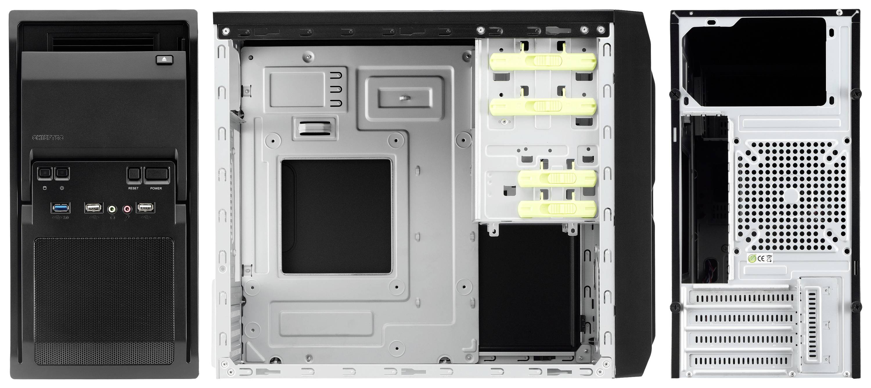 PC-Gehäuse, Vorder-, Seiten- und Rückansicht. Vorderseite mit USB-Anschlüssen, Seitenansicht zeigt leeres Innenfach, Rückseite freie Steckplätze.