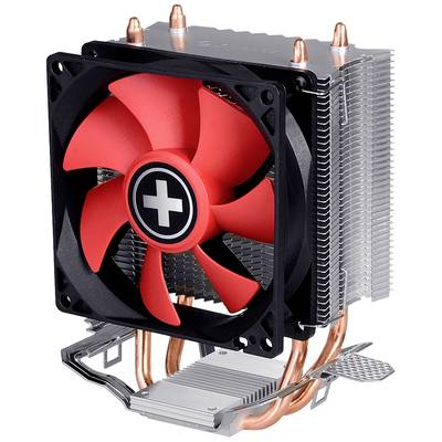 Ein CPU-Kühler mit rotem Ventilator und silbernen Kühlrippen, gestaltet für die Wärmeableitung in einem Computergehäuse.