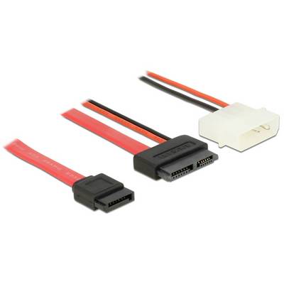 'Drei Kabel mit Steckern: ein SATA-Kabel links, ein zweites SATA-Kabel in der Mitte, und ein weißes Molex-Kabel rechts.'