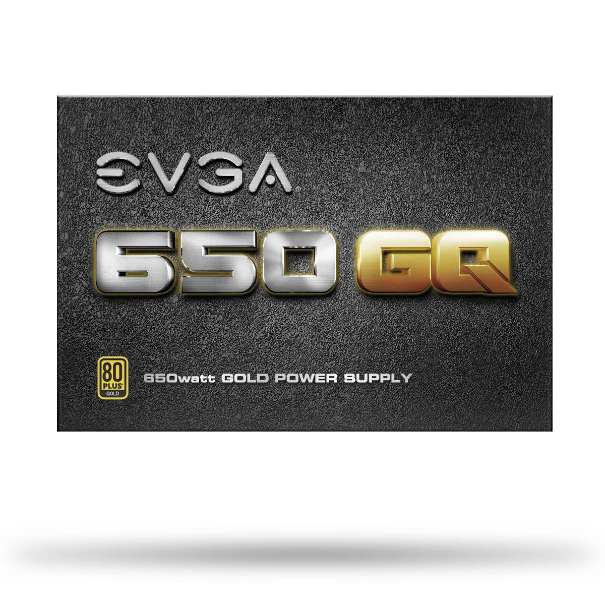 'EVGA 650 GQ' Netzteil-Verpackung, 80 Plus Gold-Zertifizierung; zeigt Produktnamen und Leistungsfähigkeit.