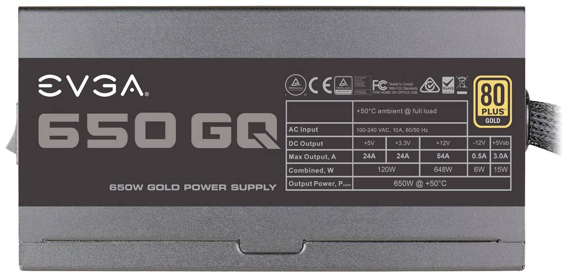 EVGA 650 GQ Netzteil mit 650W Leistung, 80 Plus Gold Zertifizierung und technischen Spezifikationen auf der Vorderseite.
