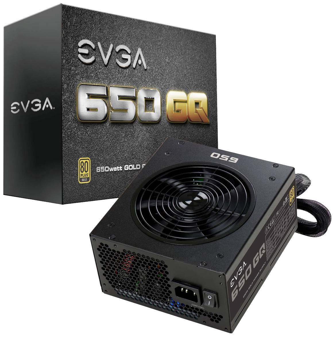 Netzteil 'EVGA 650 GQ' vor Verpackung. 650 Watt, 80 Plus Gold zertifiziert, mit Lüfter. Geeignet für PCs.