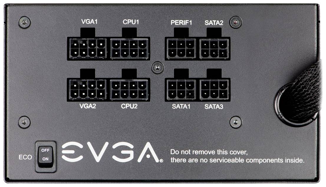 Netzteil-Rückseite mit Anschlüssen: VGA, CPU, Peripherie, SATA. Schalter für ECO-Modus. Hinweis: Keine servicefähigen Komponenten.