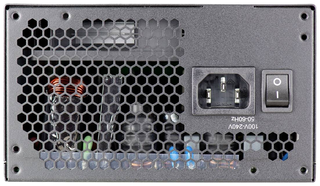 Computernetzteil-Rückseite mit Lüftungsgitter, Stromanschluss und Ein/Aus-Schalter. Geeignet für 100V-240V, 50-60Hz.