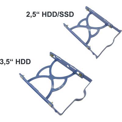 'Trägerrahmen für 2,5" HDD/SSD und 3,5" HDD aus Metall, blau, zur Befestigung von Festplatten in Computergehäusen.'