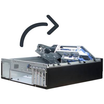 Ein Computergehäuse wird geneigt, um zu zeigen, wie man interne Komponenten einfacher installiert. Ein Pfeil zeigt die Neigungsrichtung an.