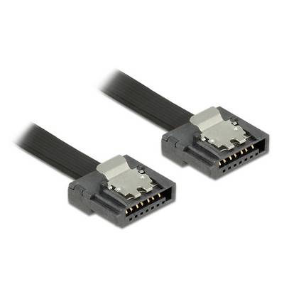Zwei schwarze SATA-Anschlusskabel mit flachen Steckern, geeignet für Datenübertragungen in Computerhardware.