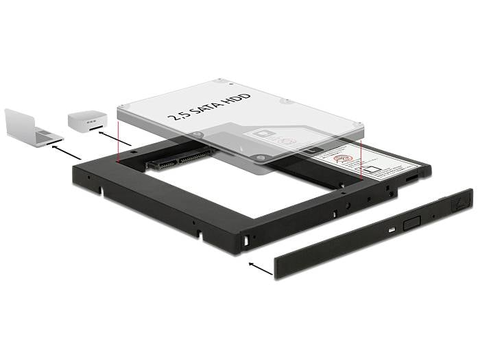Explosionszeichnung eines Festplatten-Caddy für ein Laptop-Laufwerk. Zeigt Einbaurahmen, Steckplatz für 2,5-Zoll-SATA-HDD und Blende.