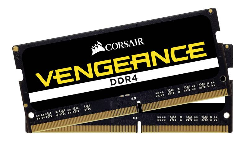 Zwei schwarze RAM-Module mit 'Vengeance DDR4' in gelber Schrift auf einem Modul. Herstellerlogo oben links. Geeignet für Computer.