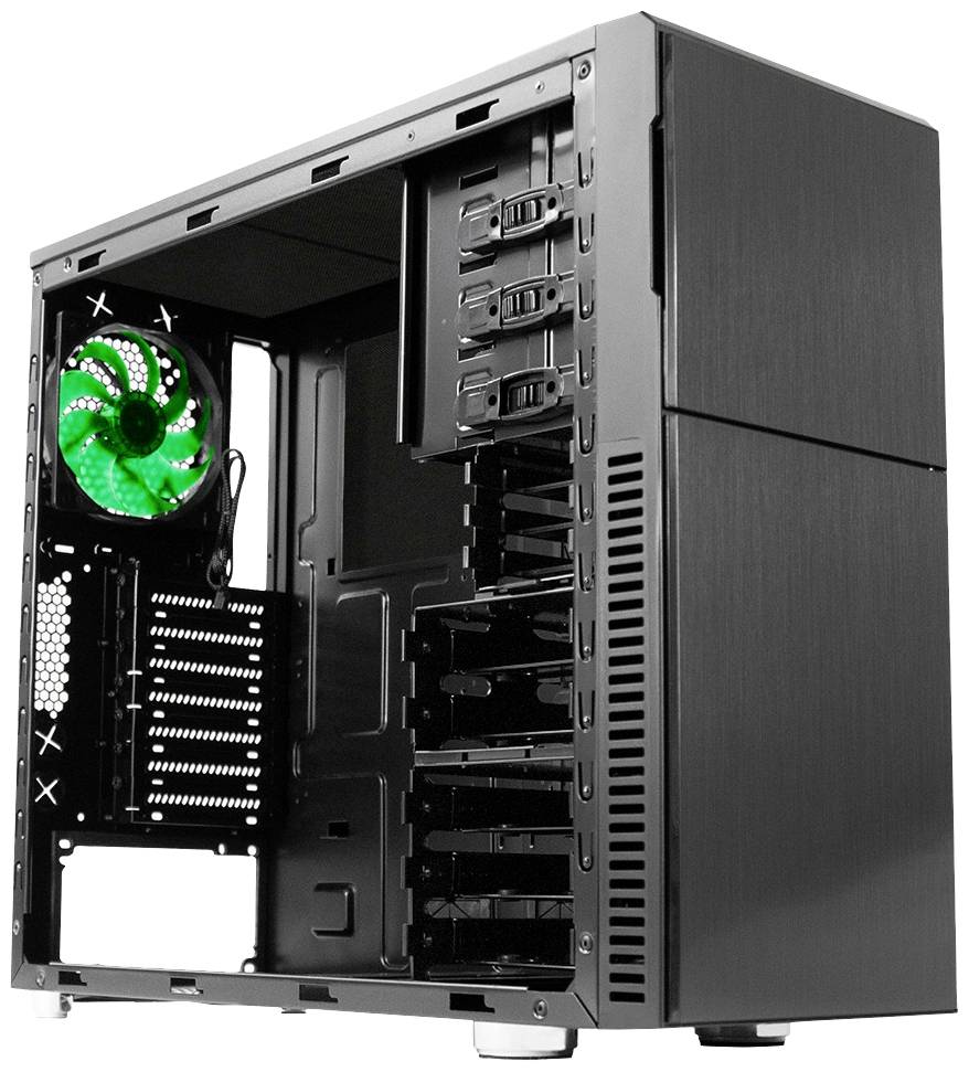 Schwarzes Computergehäuse, geöffnet, zeigt interne Steckplätze und Lüfter mit grünem Licht. Geeignet für PC-Bau.