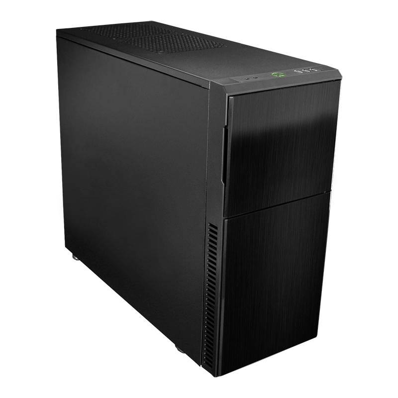 Ein schwarzes Computergehäuse mit schlichter, moderner Front ohne sichtbare Marken- oder Produktkennzeichnungen.