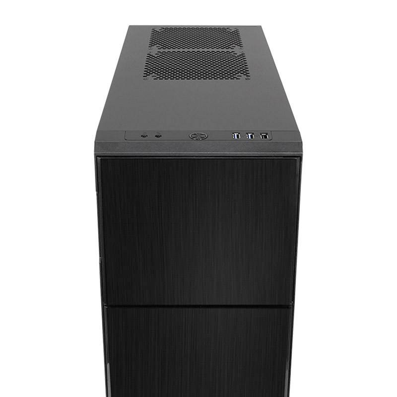 Ein schwarzes PC-Gehäuse mit USB-Anschlüssen und Belüftungsöffnungen auf der Oberseite.