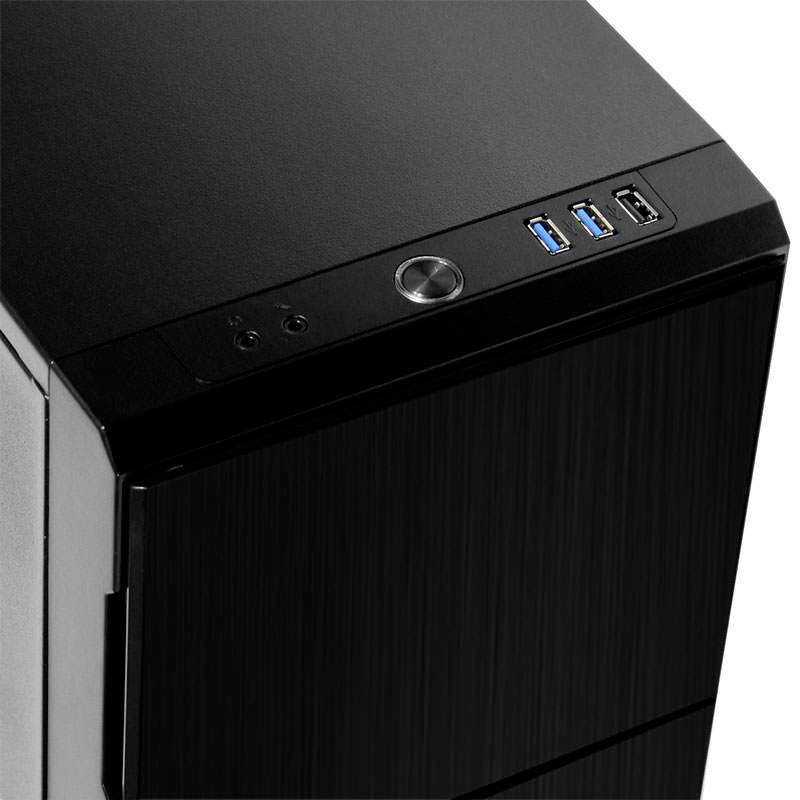 Ein schwarzes Computergehäuse mit USB-Anschlüssen und einem Ein-/Ausschalter oben, geeignet für den Zusammenbau eines PCs.
