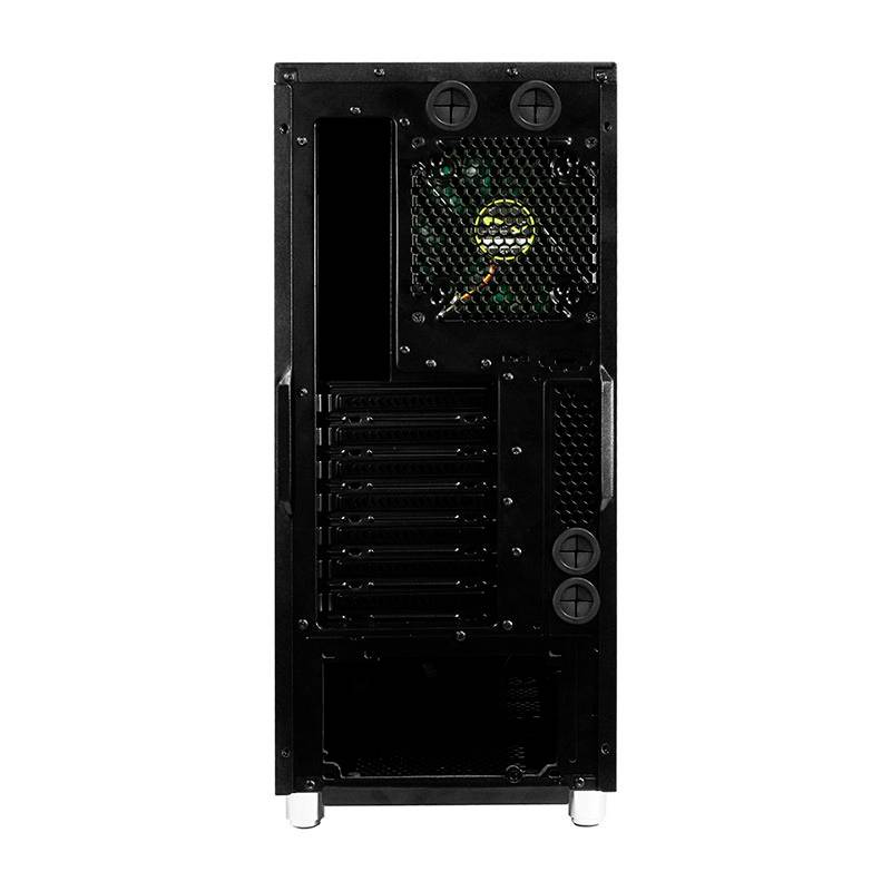 'Schwarzes Computergehäuse von hinten. Sichtbar sind Gitter für Lüftung und Steckplätze für Erweiterungskarten.'