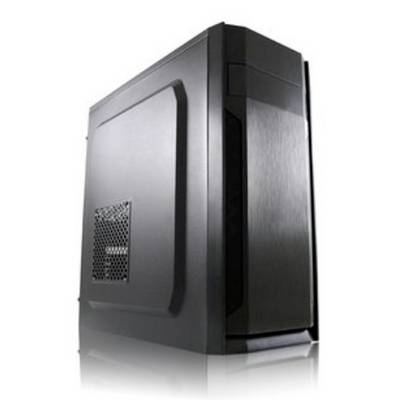 Schwarzer Desktop-Computergehäuse mit glatten Kanten und Belüftungsgitter an der Seite, abgebildet auf weißem Hintergrund.