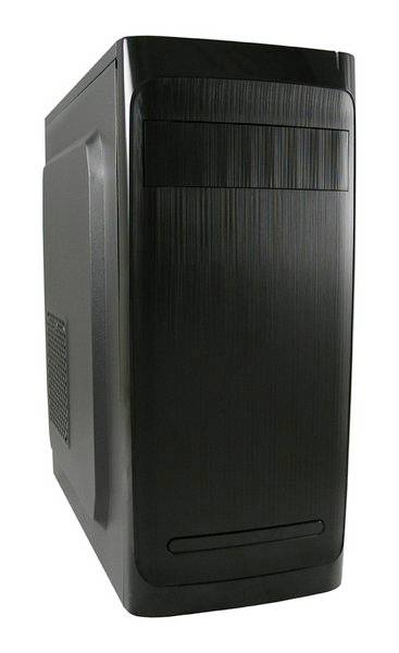 Ein schwarzes Computergehäuse in einem schlichten, rechteckigen Design. Es zeigt keine sichtbaren Logos oder Marken.