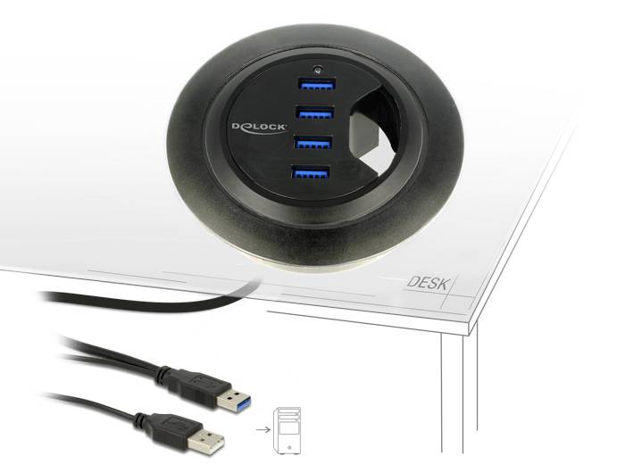 'Runder USB-Hub mit vier blauen USB-Anschlüssen, integriert in einen Schreibtisch mit sichtbaren Kabeln.'